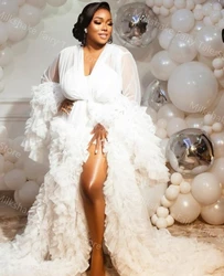 Elegant White Tulle Bridal Bathrobes Ruffles Long Sleeves Sleepwear with Sash For Photography Customized Front Split Kimono