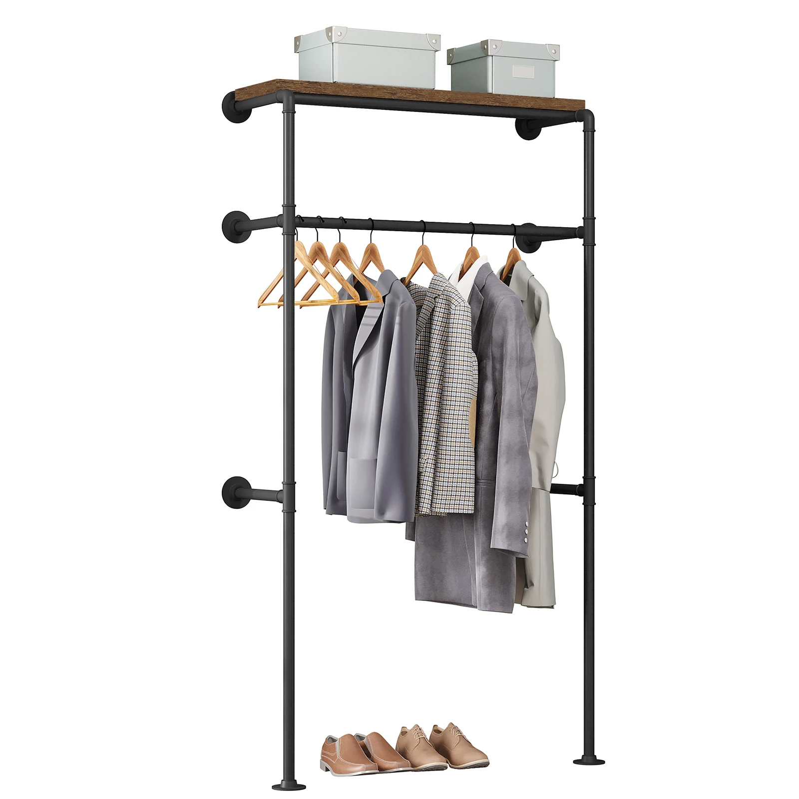 Wardrobe Wall Mounted Clothes Rack Steel Tube Industrial Garment Clothes Rail with MDF Hanging Shelf for Cloakroom Bedroom