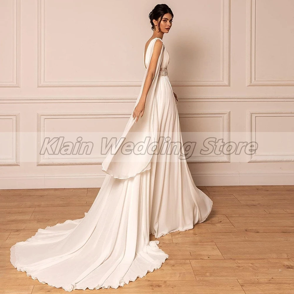 Customized Weilinsha A-Line Bohemian Chiffon Backless Wedding Dresses Ladies V-Neck Sleeveless Court Train Pleats Appliques Brid