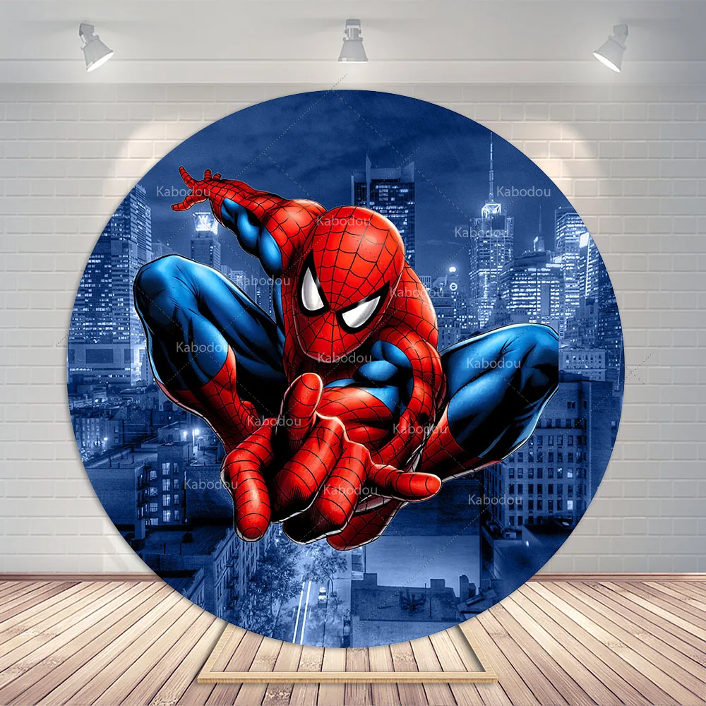 Superhero Spiderman Party Backdrop Round Photography Banner Boy 1st Birthday Background Wall Cylinder Elastic Covers Decoration