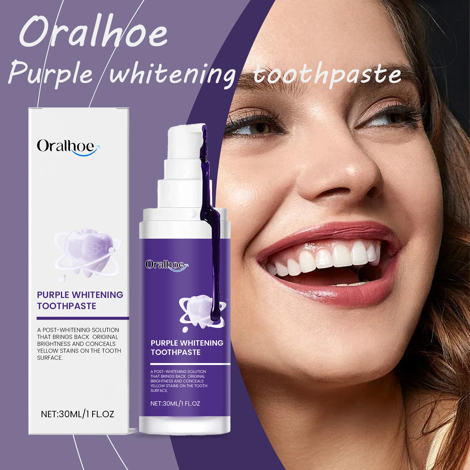 

Фиолетовая отбеливающая зубная паста Oralhoe, корректор цвета, способствует здоровью полости рта, мяту, удаляет желтые пятна, зубная осветляющая зубная паста