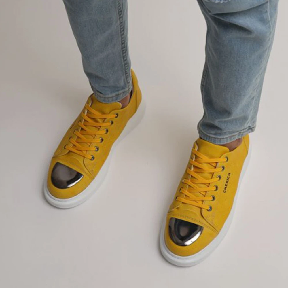 FOH Store Sneakers for Men Women YELLOW Artificial Leather 2023 Spring Autumn Casual Lace Up Fashion Shoes High Base Sport Comfortable Light Vulcanized Daily Original Canvas Odorless Orthopedic Suits Office Wedding 175