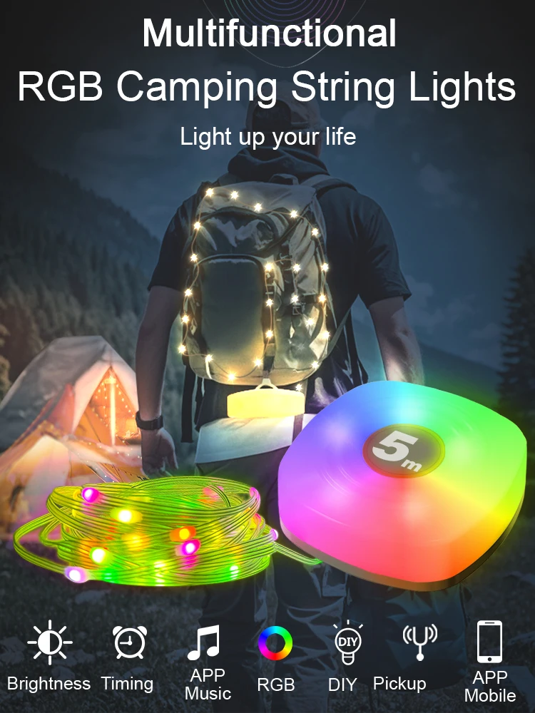 GGbingo Smart APP LED Camping Strip Night Light Outdoor Portable Waterproof Rechargeable RGB Christmas Decoration Mood Lamp