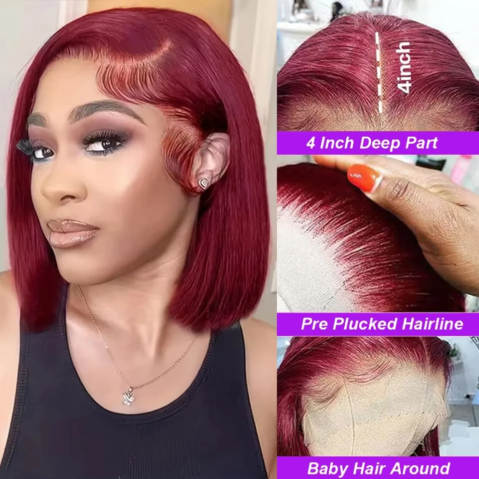 99J Color Bob Wig Human Hair 13x4 HD Lace Frontal Short Straight Lace Front Bob Wigs for Black Women Human Hair Pre Plucked 200% Density Wine Red 99J Burgundy Color 14 Inch - view 5