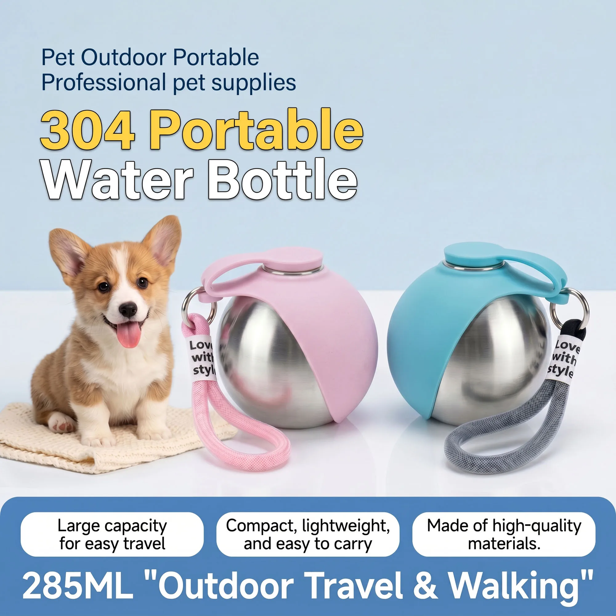 2-in-1 Tragbare Hundetrinkflasche mit Schüssel – 10oz Edelstahl-Reise-Wasserspender für Haustiere, auslaufsicheres Design mit Silikonschüssel; Ideal für Spaziergänge, Wanderungen und Reisen