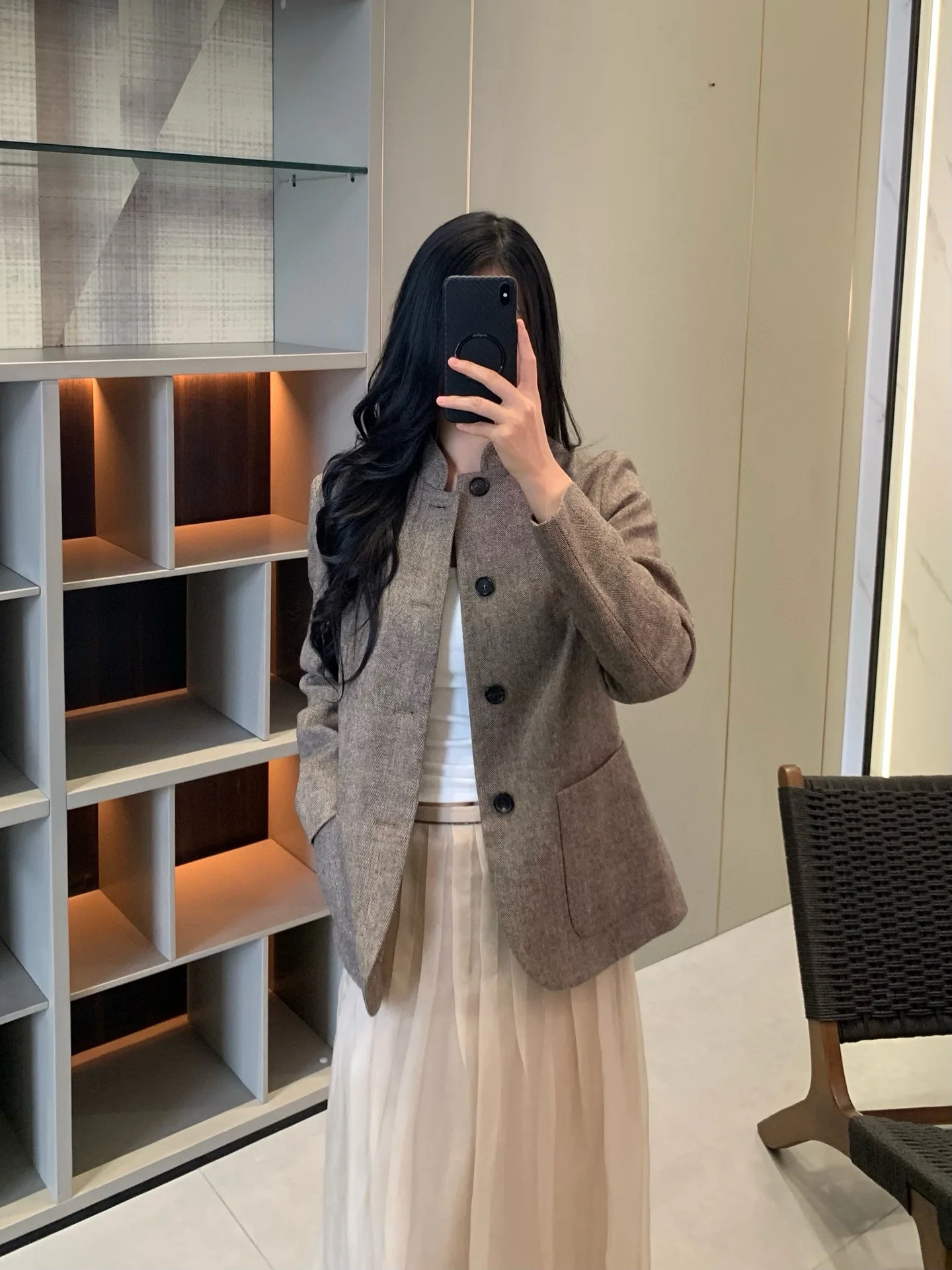 سترة بدلة نسائية ذات طية صدر السترة من الصوف بنمط المال القديم لخريف وشتاء