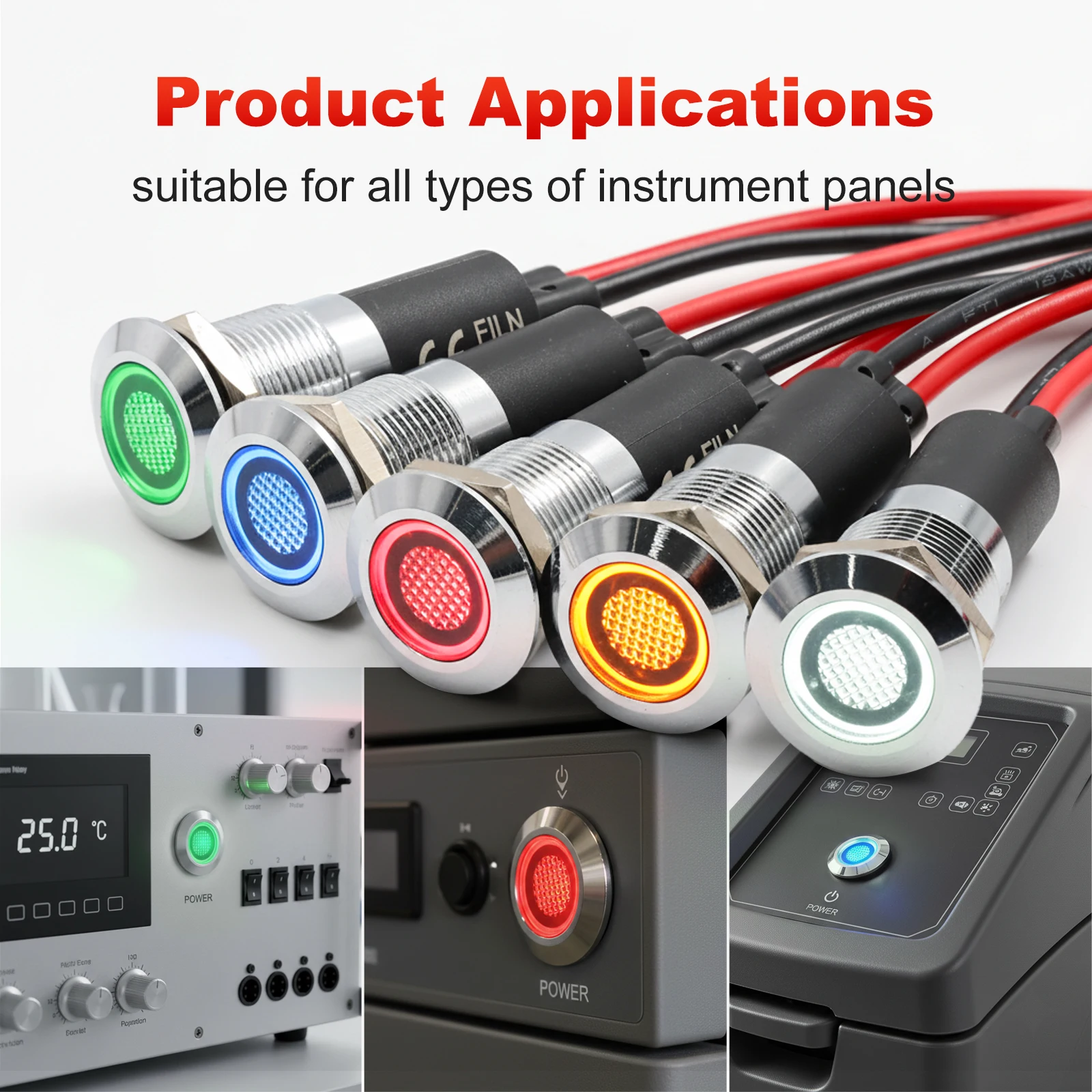 FILN 12mm 12v 24v 110v 220v Metal LED Pilot Panel Gösterge Lambası Uyarı Işığı 20cm Kablo Krom Kaplama Araba Tekne Deniz Aracı