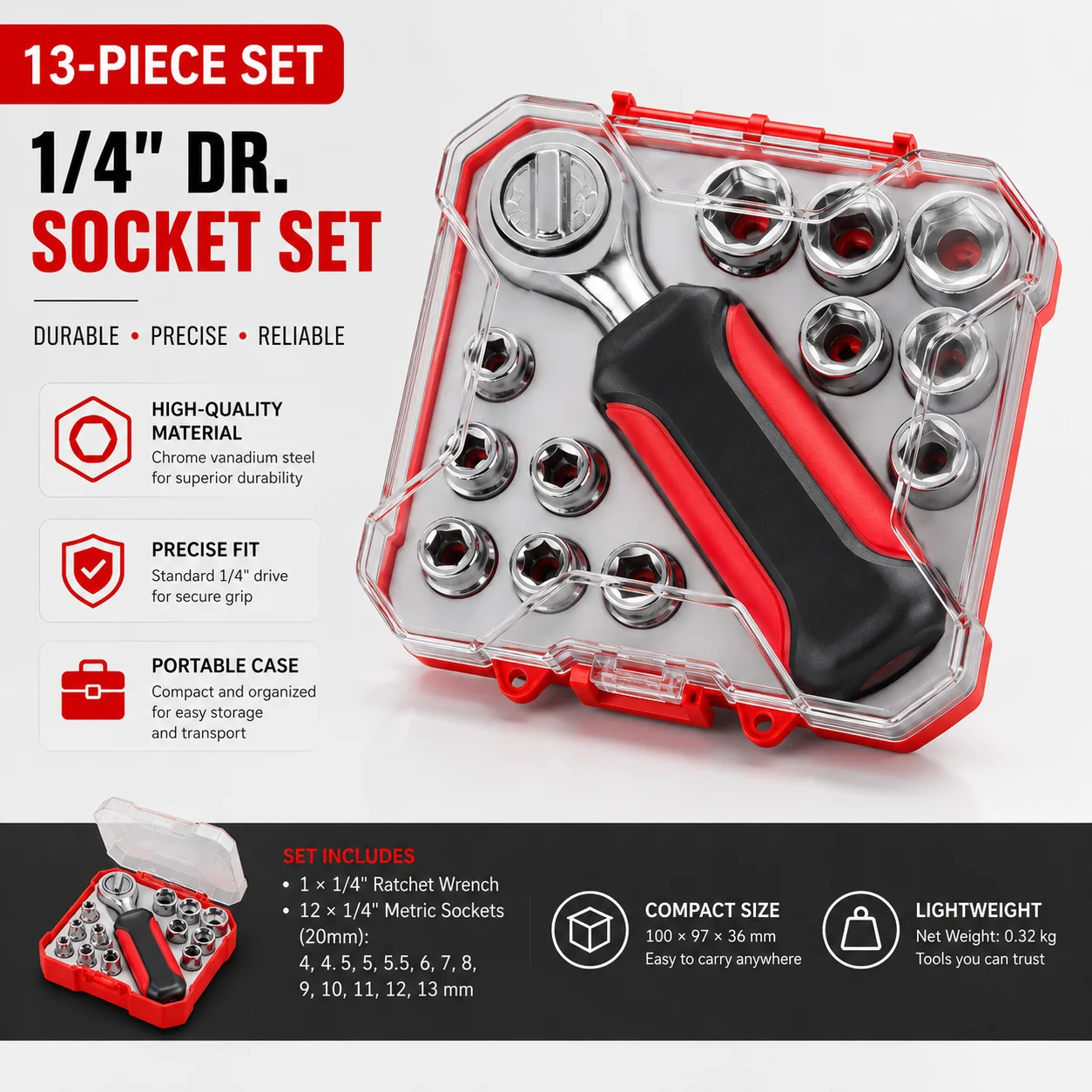 

13-Piece 1/4" Drive Socket Wrench Set, CR-V Steel Metric 4-13mm Ratchet Socket Kit with Storage Case for Auto & Home Repair