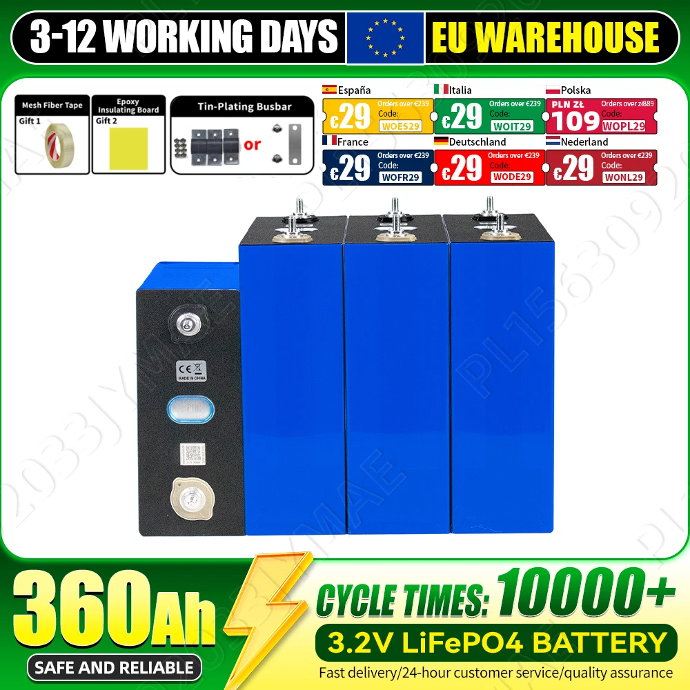 Brandneue 3,2V 360Ah Lifepo4-Batterie, 10000+ Zyklen, sichere wiederaufladbare Zelle mit 3 Zubehörartikeln als Geschenk, Klasse A, DIY 12V 24V 48V für Wohnmobile, Elektrofahrzeuge, Heimenergie,