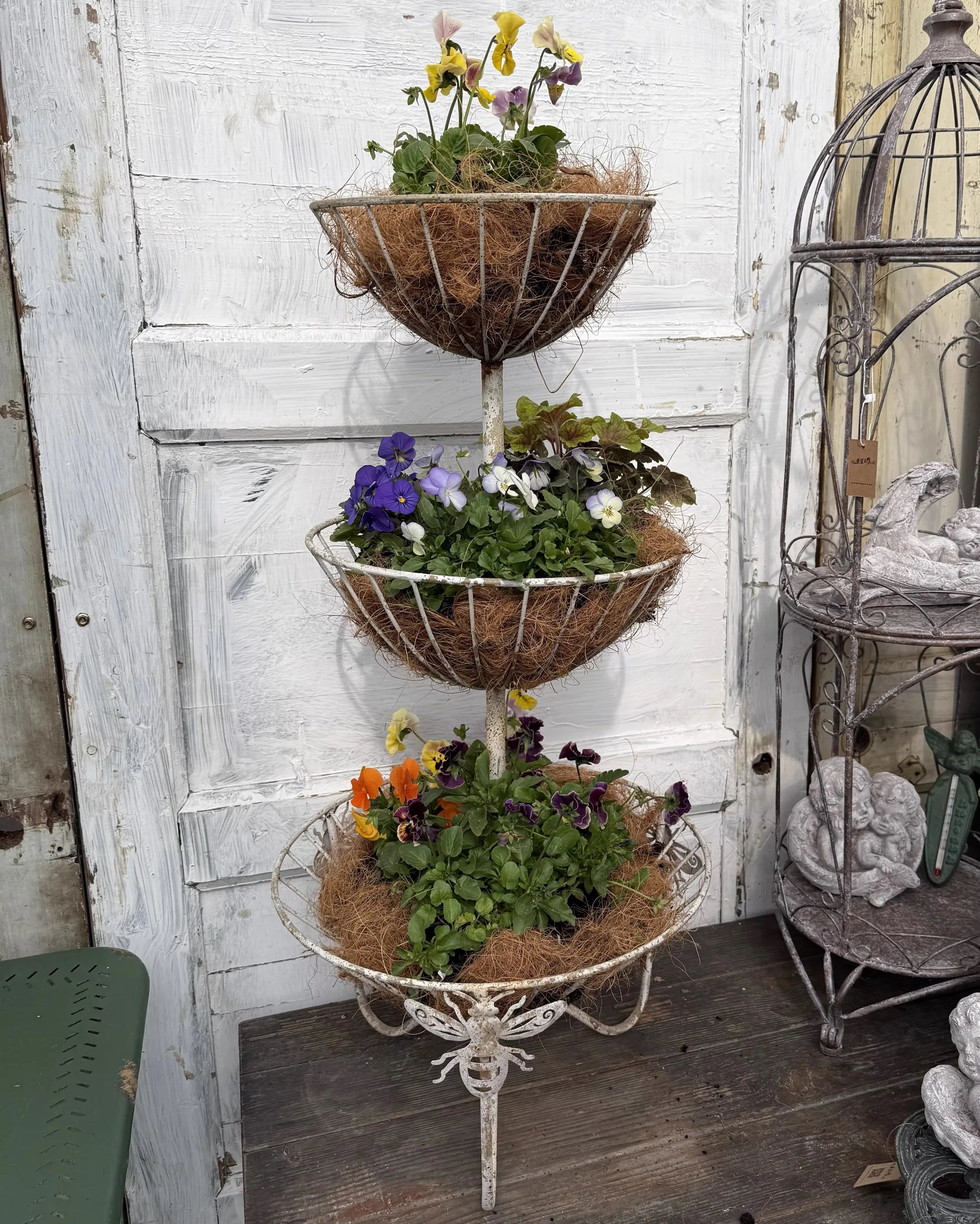 

Vintage 3 Tier Metal Plant Stand with Bee Accent, Rustic Garden Flower Basket Planter, 78cm Tall, Farmhouse Outdoor Decor