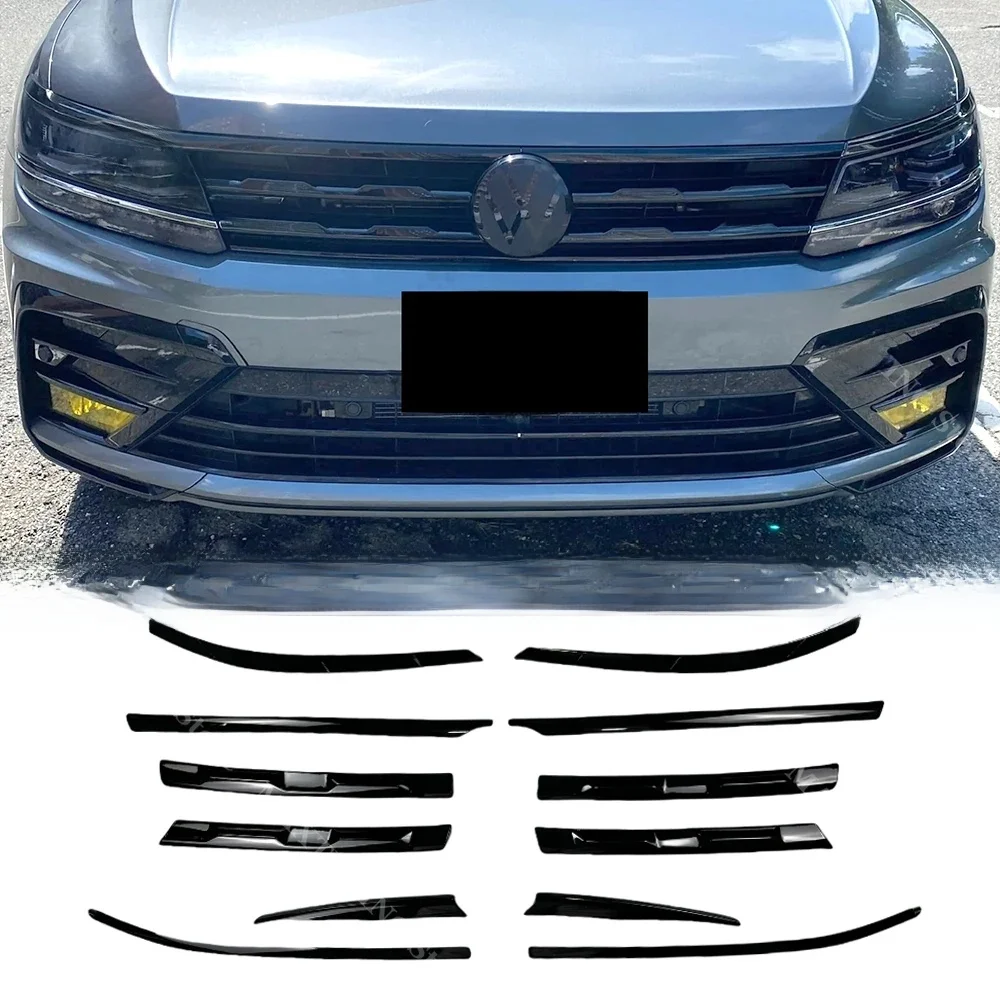 Voor Vw Tiguan MK2 R-Lijn 2017-2021 Voorbumper Koplamp Wenkbrauwen Center Grille Mistlamp Zwart Molding strips Stickers Trim - afbeelding 2