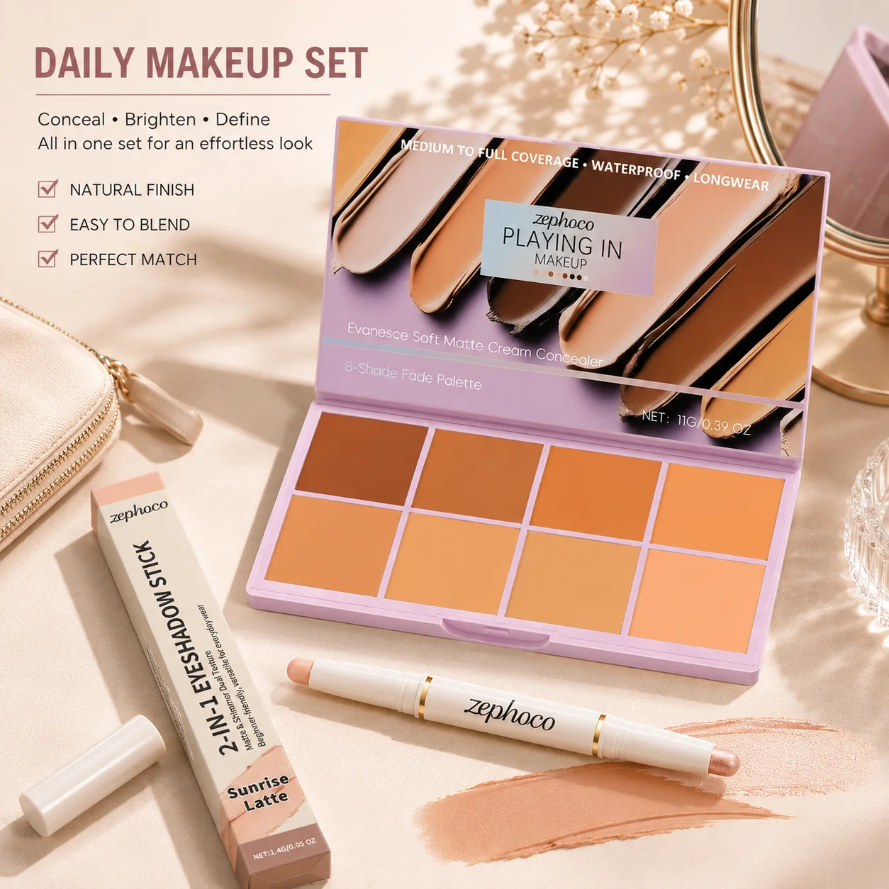 8Color Cream Concealer Palette with Double End Eyeshadow Stick Sunrise LatteMakeup KitEasy to apply makeup and convenient to use