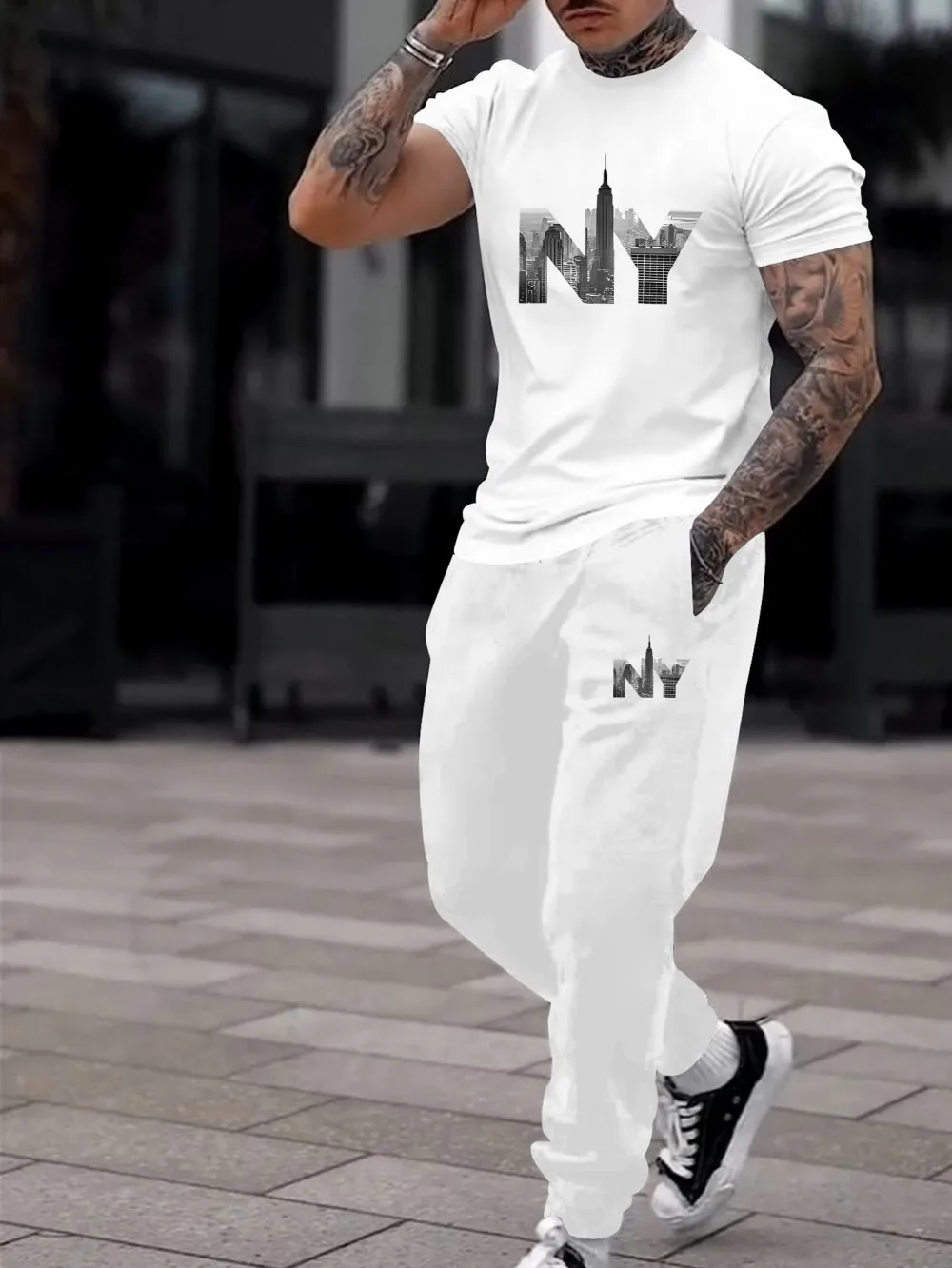 Fashionable Men's Summer Letter City Printed Comfortable Breathable Round Neck T-shirt Pants Set Outdoor Urban Casual Clothing