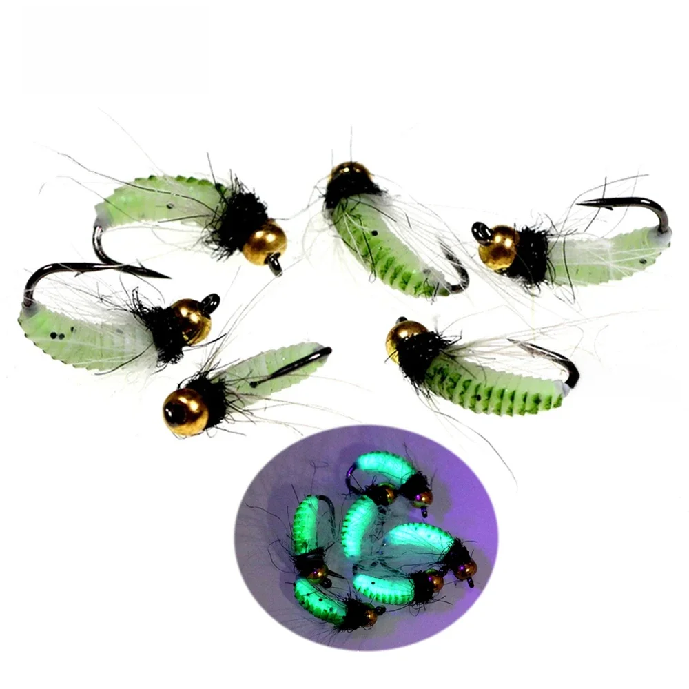 Bimoo 6 pièces # 10 # 12 CDC plume Hackle nymphe Scud mouche UV laiton perle humide Bug ver truite pêche mouche appât leurre coulant rapide