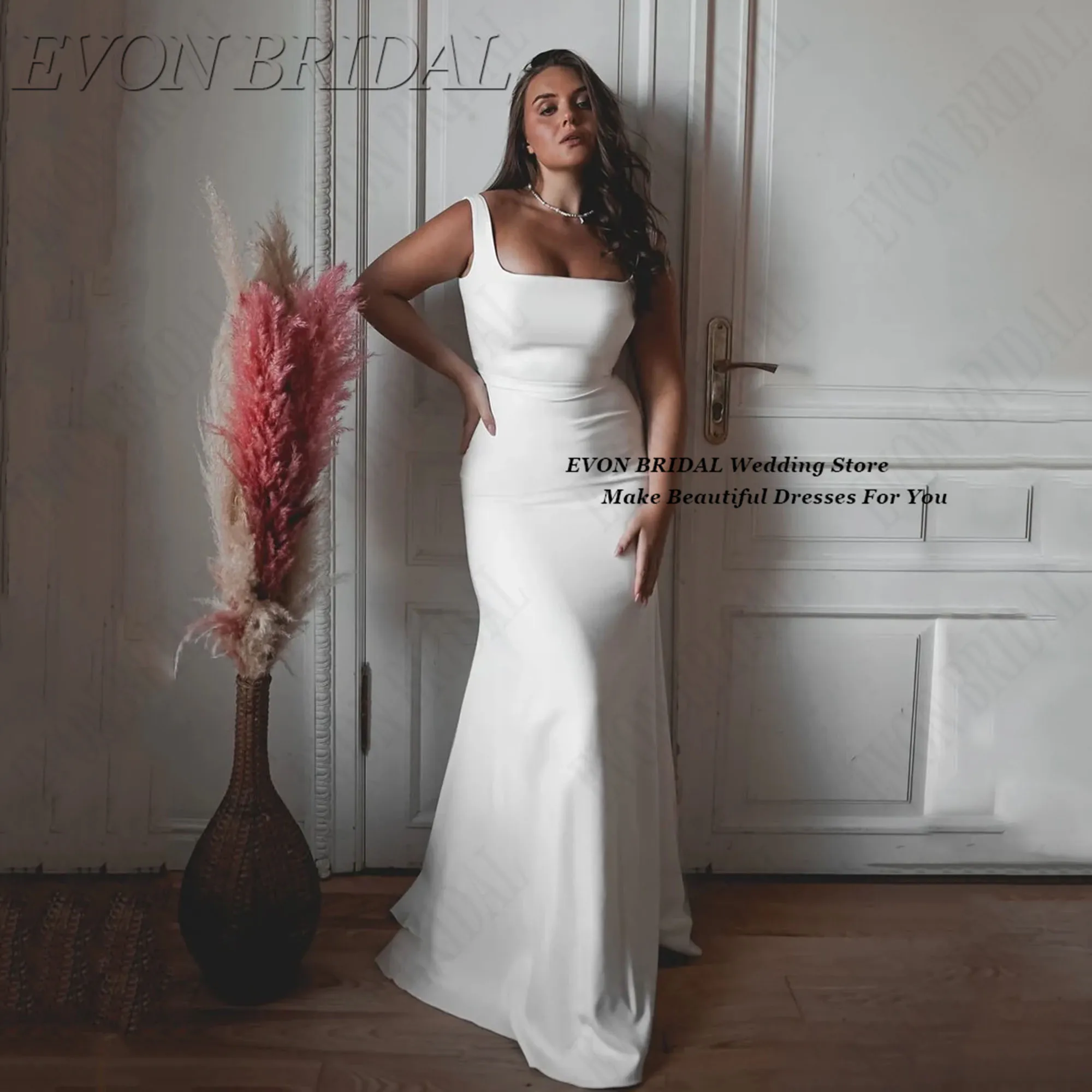 

Simple Square Collar Plus Size Wedding Dress Elastic Satin Mermaid Bride Dresses Customized Wedding Brides Dresses EVON BRIDAL