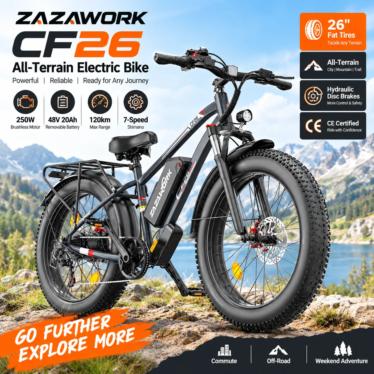 ZAZAWORK CF26 Bicicletta Elettrica con Pneumatici Larghi 26' X 4.0, Batteria 48V 20Ah, Motore 1000W, Freni a Disco Idraulici a 7 Velocità, Autonomia Fino a 120km, E-Bike per Tutti i Terreni