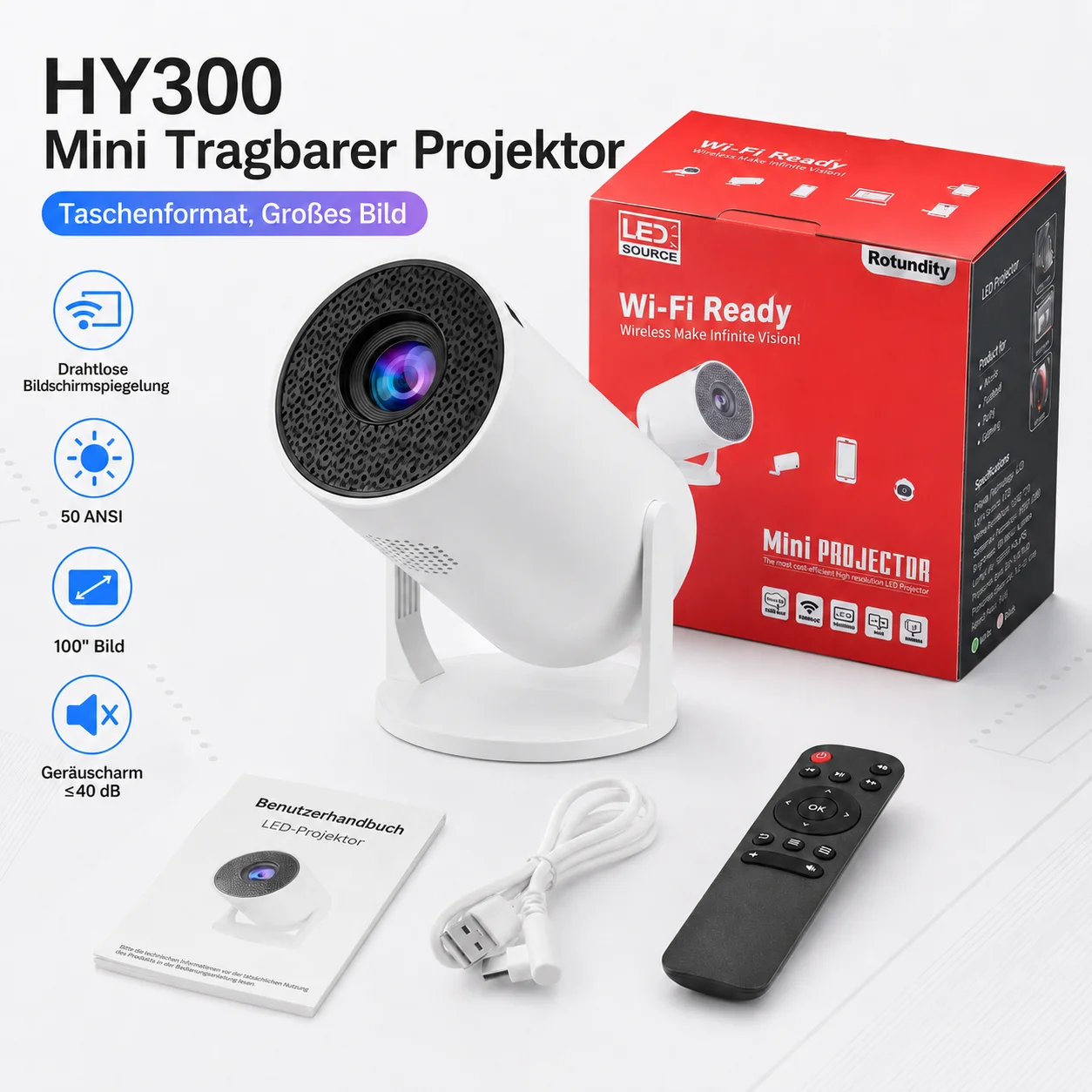 Mini-Projektor HY300 50ANSI LED mobiler Projektor Bildschirm Zoll Spiegelung ohne Kabel Videoprojektor Heimkino