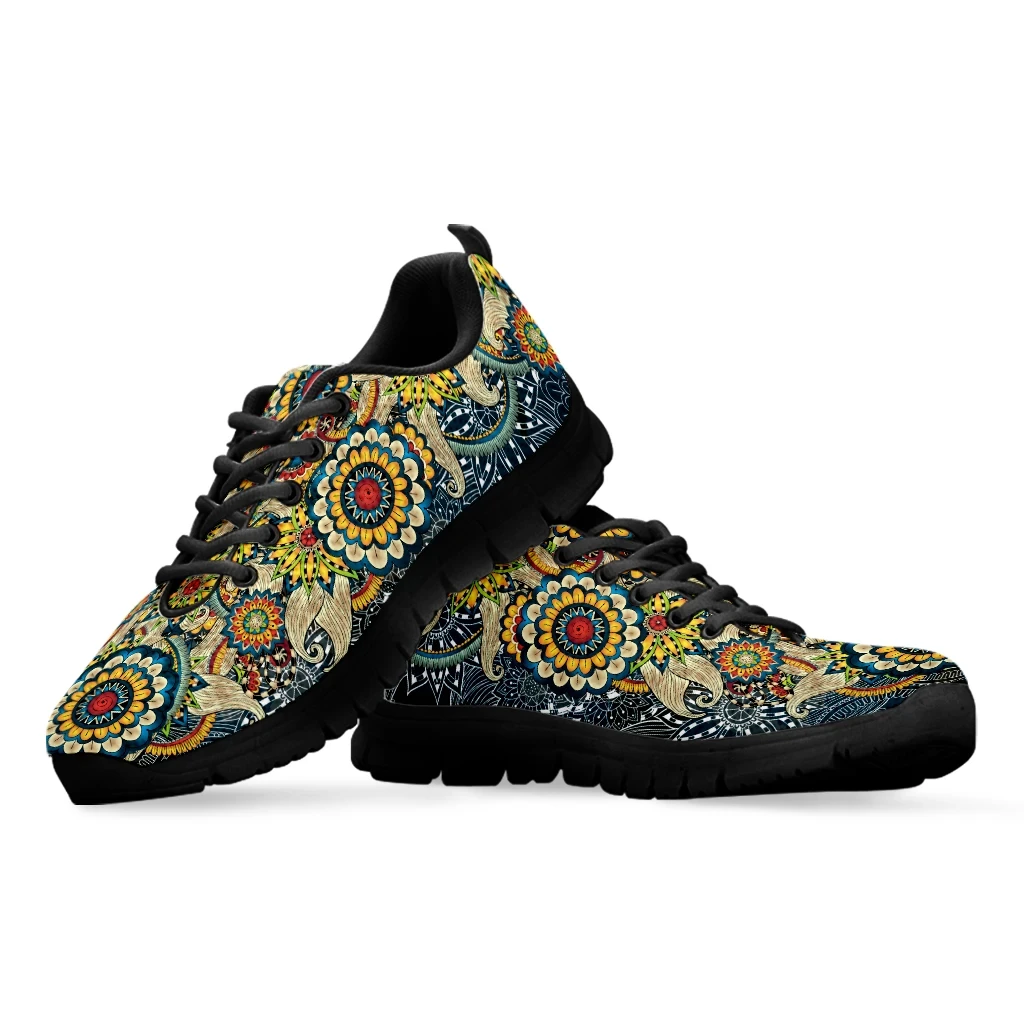 INSTANTARTS Bohemia Paisley Mandala Design Lace-up Flats Lightweight Mesh Sneakers for Women Shockproof Walking Footwear Gifts