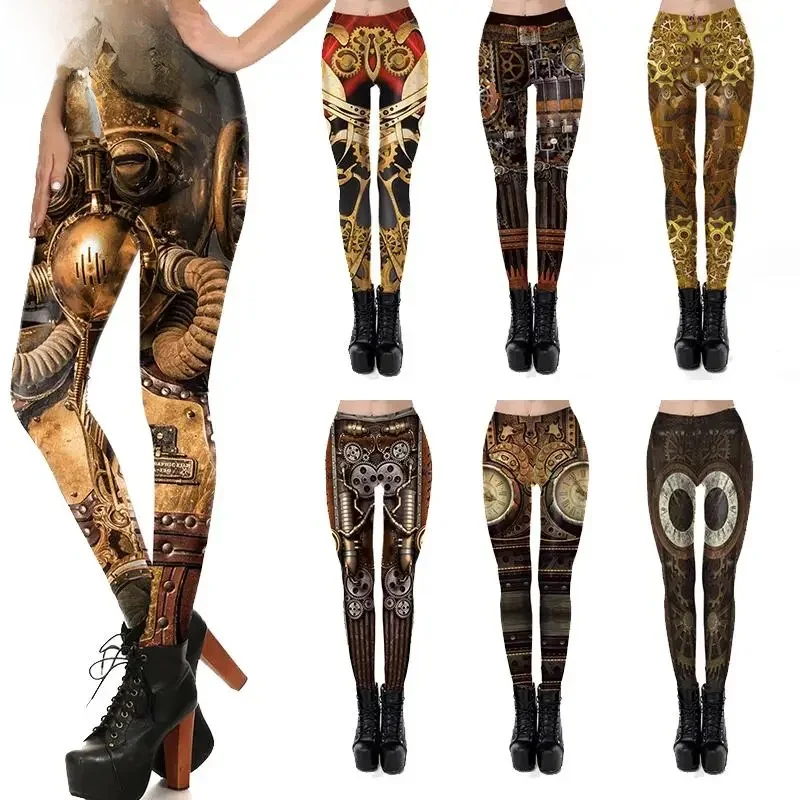 VIP FASHION Steampunk damskie legginsy elastyczne spodnie do ćwiczeń Fitness damskie spodnie punkowe średnio wysoki szew seksowne rajstopy Party prezenty — zdjęcie 2