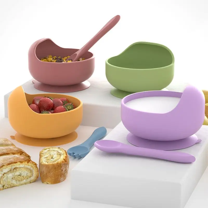 

Food Grade Baby Feeding Bowl Set Silicone Tableware Children Dinnerware Kids Eating Plate Foods With Sucker Kitchen Home Use