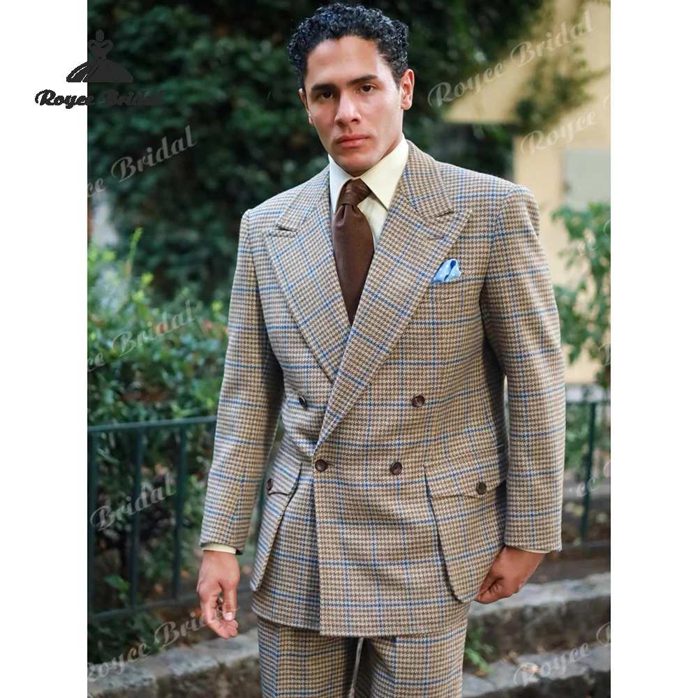 Check Houndstooth Two Piece Double Breasted Men's Suit Wedding 2026 Notch Lapel Evening Suit Customized trajes para hombre
