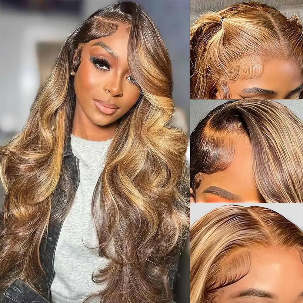 

34 Inch 200% Density Body Wave Highlight ombre Wig Human Hair 13x4 Blonde HD Lace Wig 13x4 Colored Lace Frontal Wig For Women