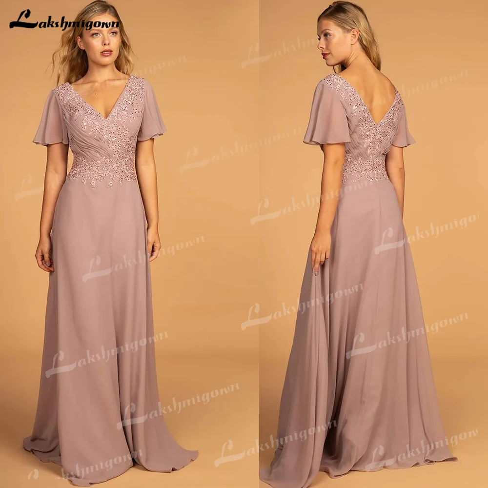 

Plus Size Mother of the Bride Dress Embroidered V-Neck Short Sleeves Long Wedding Party Dress Chiffon Long Bridesmaid