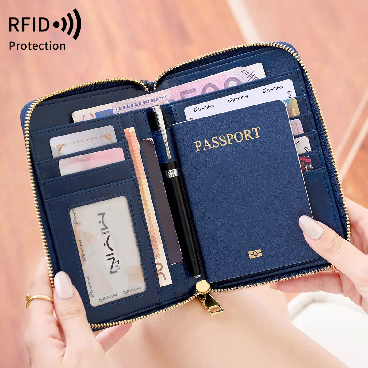 RFID Blocking Passport Holder, Travel Wallet, Passport, Credit Card Bag, Multifunctional Zipper Wallet with Wrist Strap, Fashion