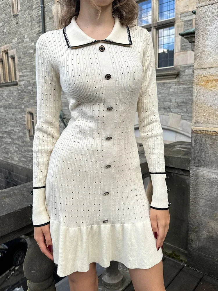 JULISSA MO Gestrickte drehen-unten Kragen Frauen Kleid Weiß Langarm Einreiher Kleid Weibliche Herbst