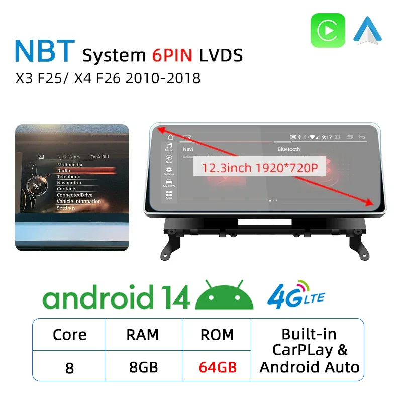12,3 Inch NIEUW ID8 Android 14 Carplay Touchscreen voor BMW X3 F25 X4 F26 Autostereo Autoradio Multimedia Speler Navi 4G WIFI DSP