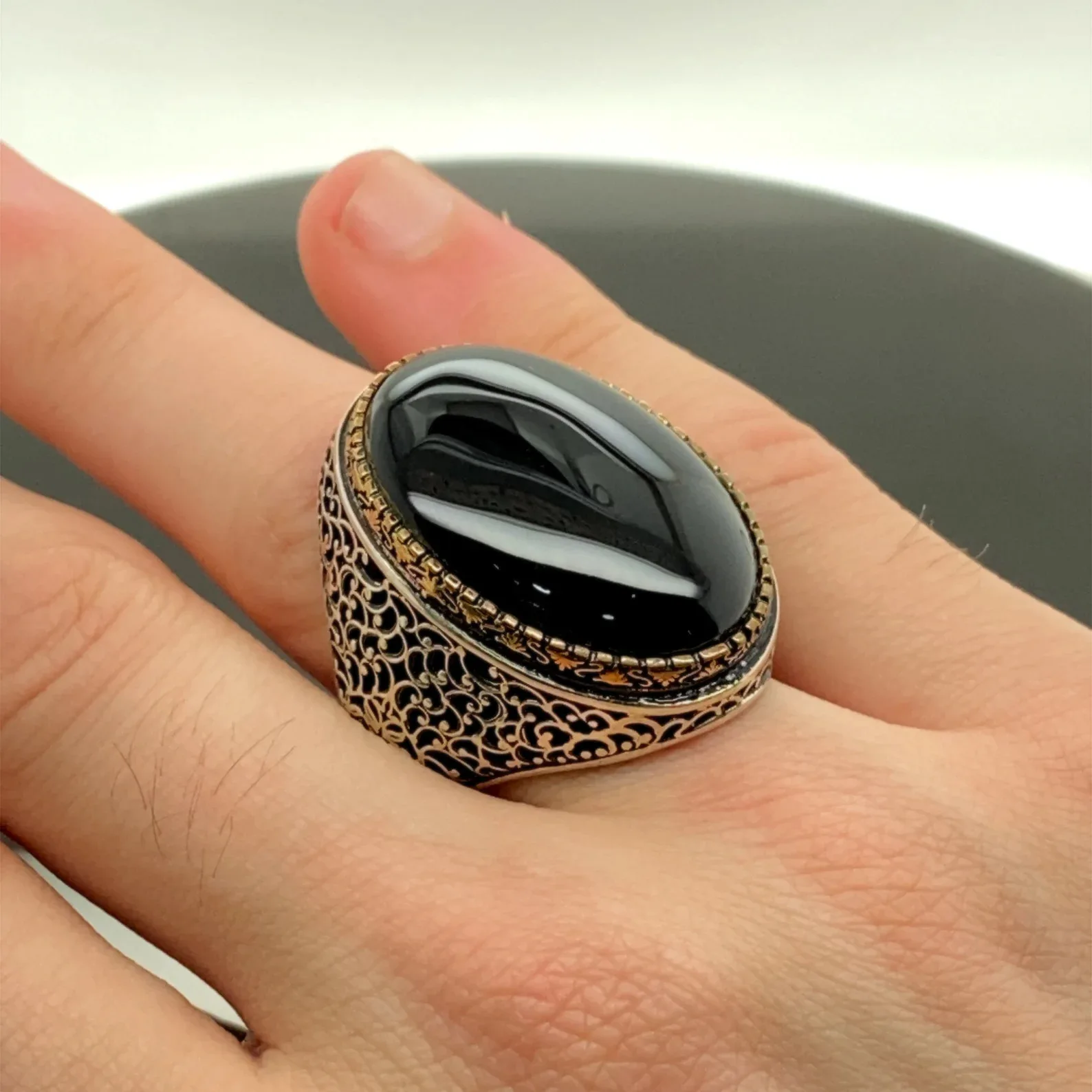 Mens Handmade Ring , Large Black Onyx Gemstone Ring, Men Sterling Silver Ring, Ottoman Jewelry