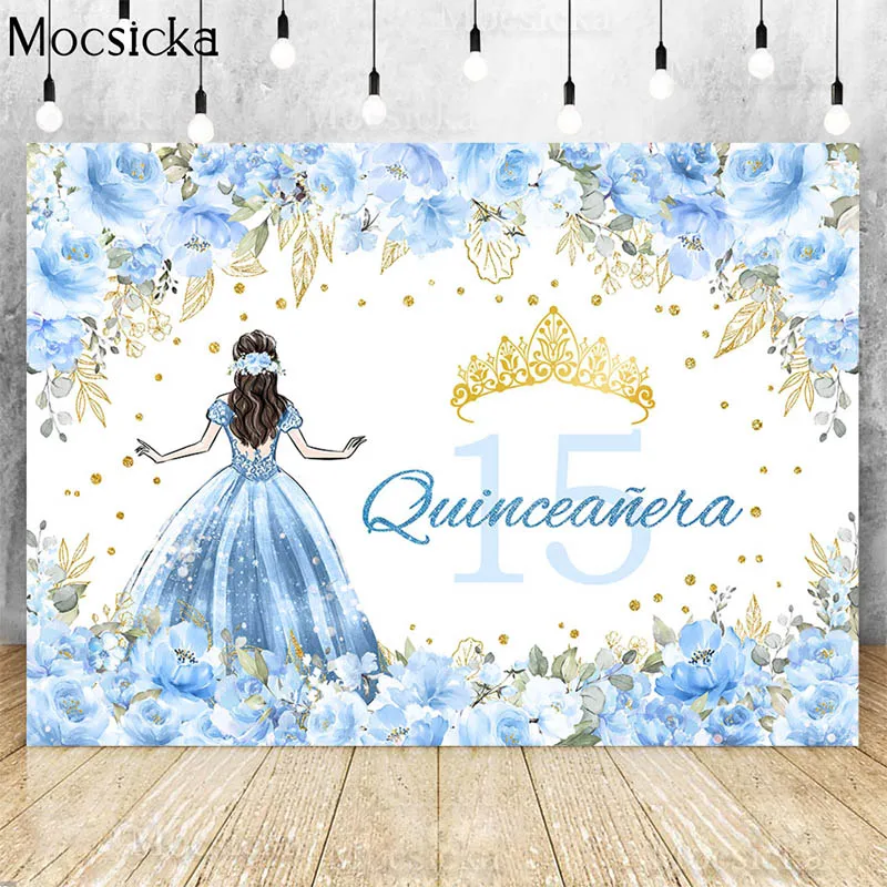 Quinceanera 15th Princess Birthday Backdrops For Photography Sweet Girl Green Dress Flowers Crown Party Decor Banner Background