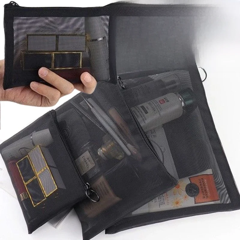 Mesh Clear Cosmetic Bags, Small Large Black Makeup Bag, Portable Travel Toiletry Organizer Case,