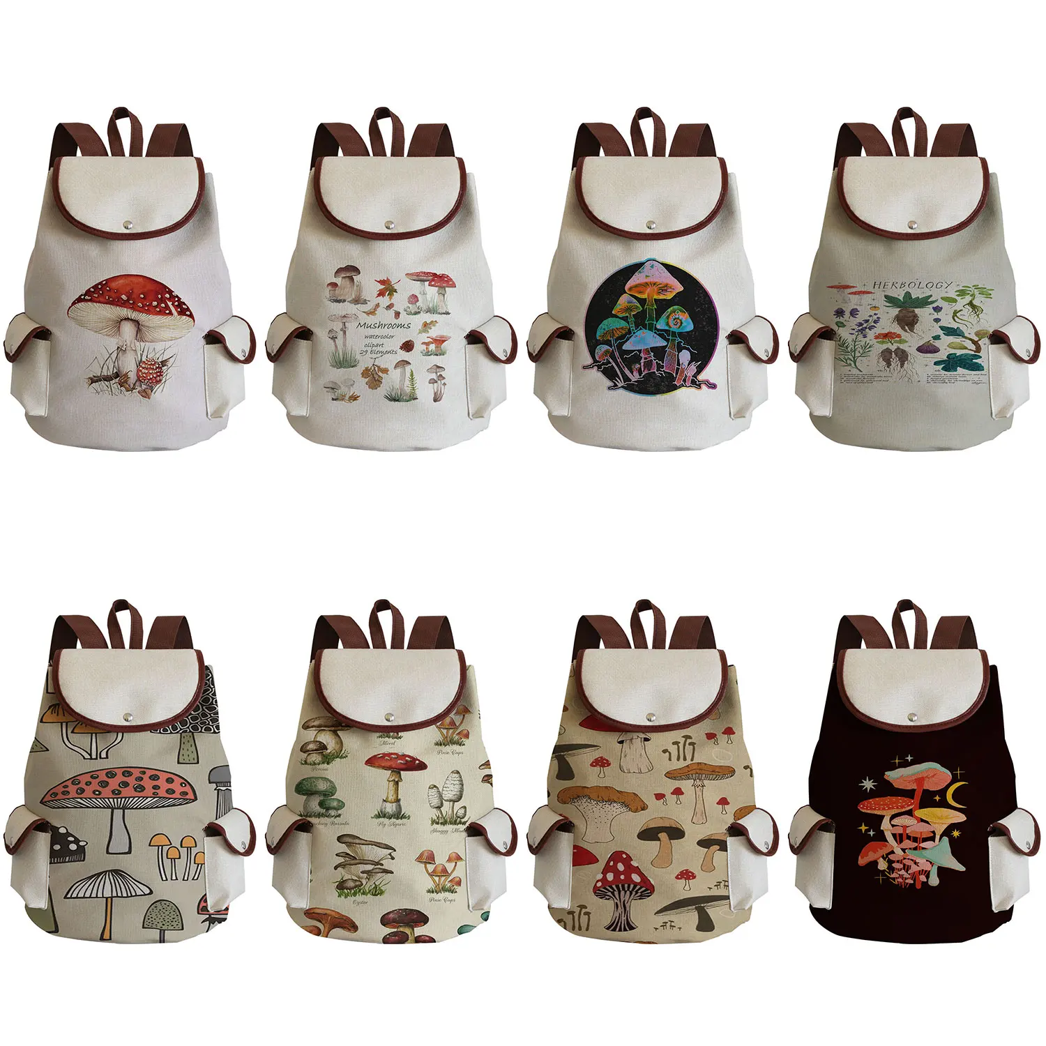 Mushroom Linen Drawstring Backpack Harajuku Style Fashion Casual Travel Beach Women Backpack Large Capacity Portable School Bag