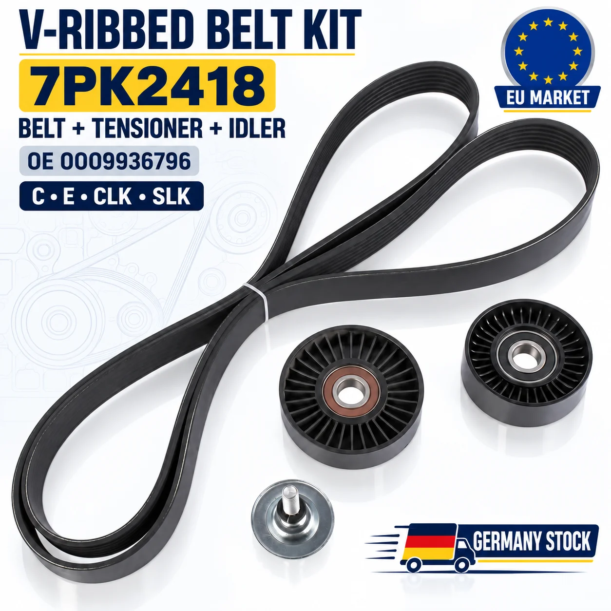 Image of AP02 7PK2418 Keilriemen-Kit mit Spannrolle & Leerrad für Mercedes C-Klasse E-Klasse CLK SLK W203 W204 W211 W212 R171 0009936796