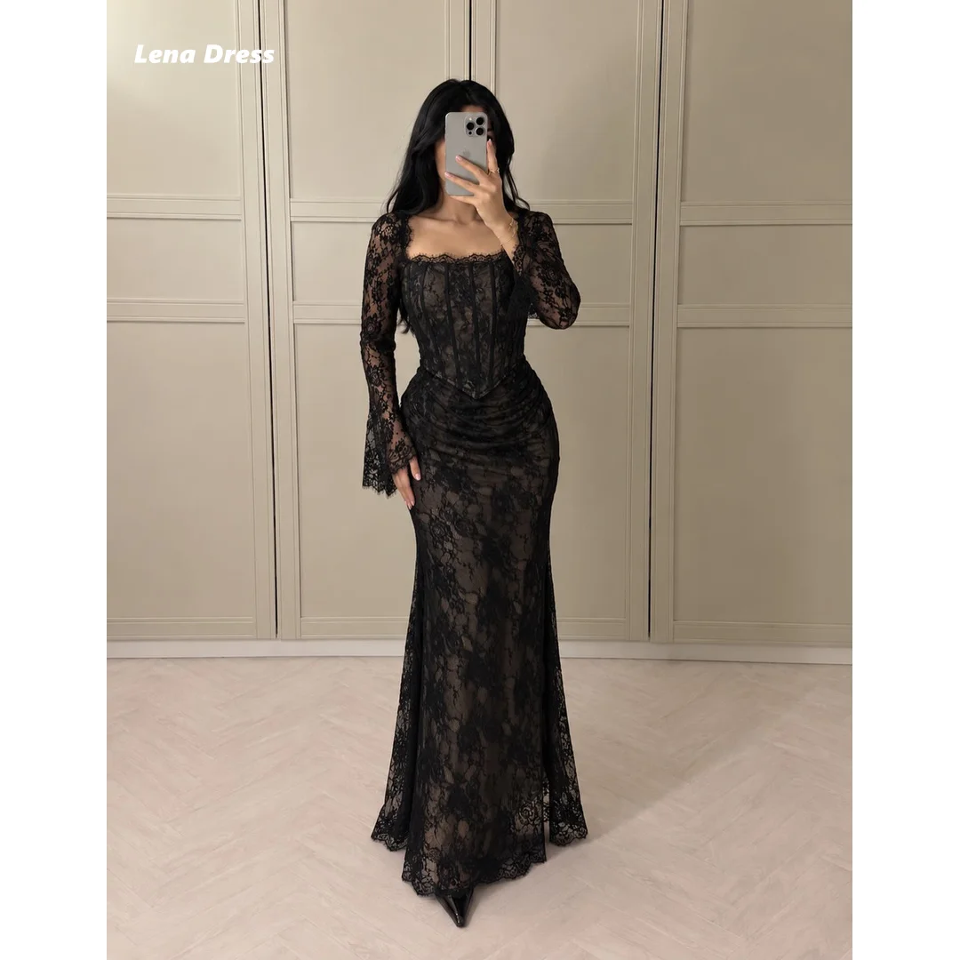 Lena Customized Dubai Evening Dresses Luxury Women's Elegant Party Dress Embroidered Lace Square Collar Black Long Sleeves Prom