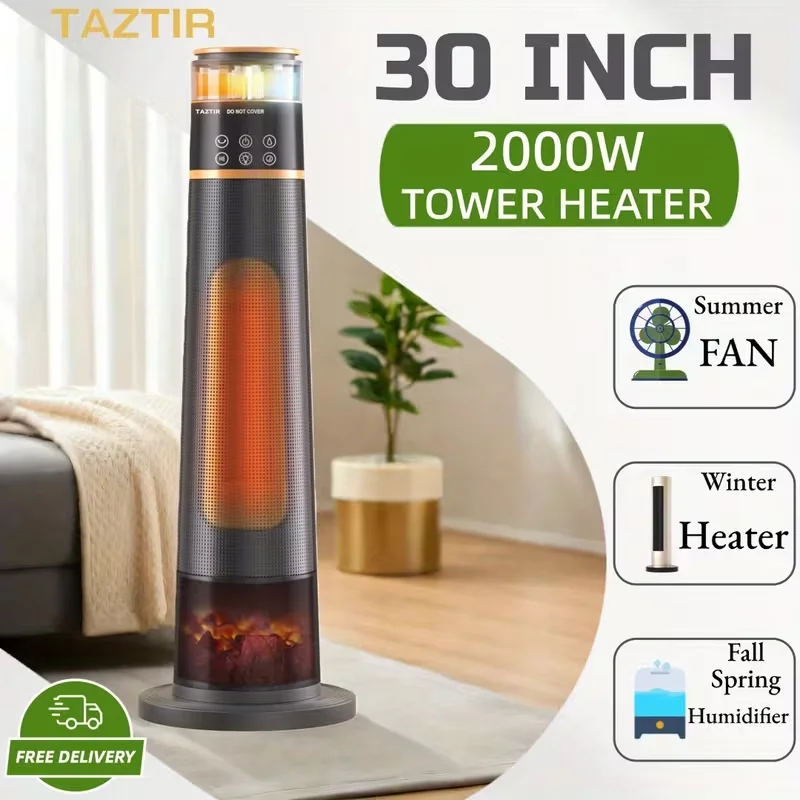 

3 IN 1 Heater 2000W Large Space with Humidifier & Fan, 3D Flame Atmosphere Light, 1-12 Hour Timer, for Bedroom, Home & Office