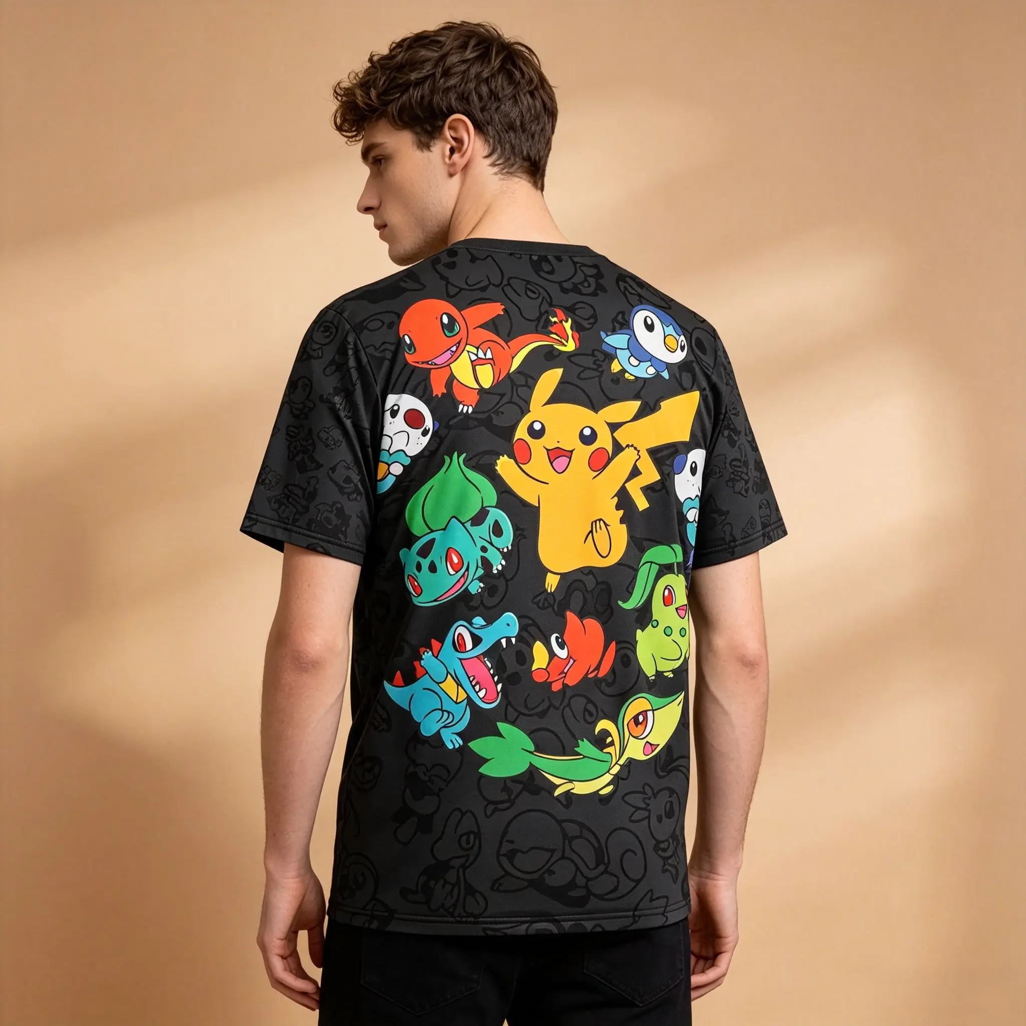 Men's Black Pokemon All Star Characters Full Print T-Shirt, Pikachu Starter Anime Graphic Casual Short Sleeve Tee