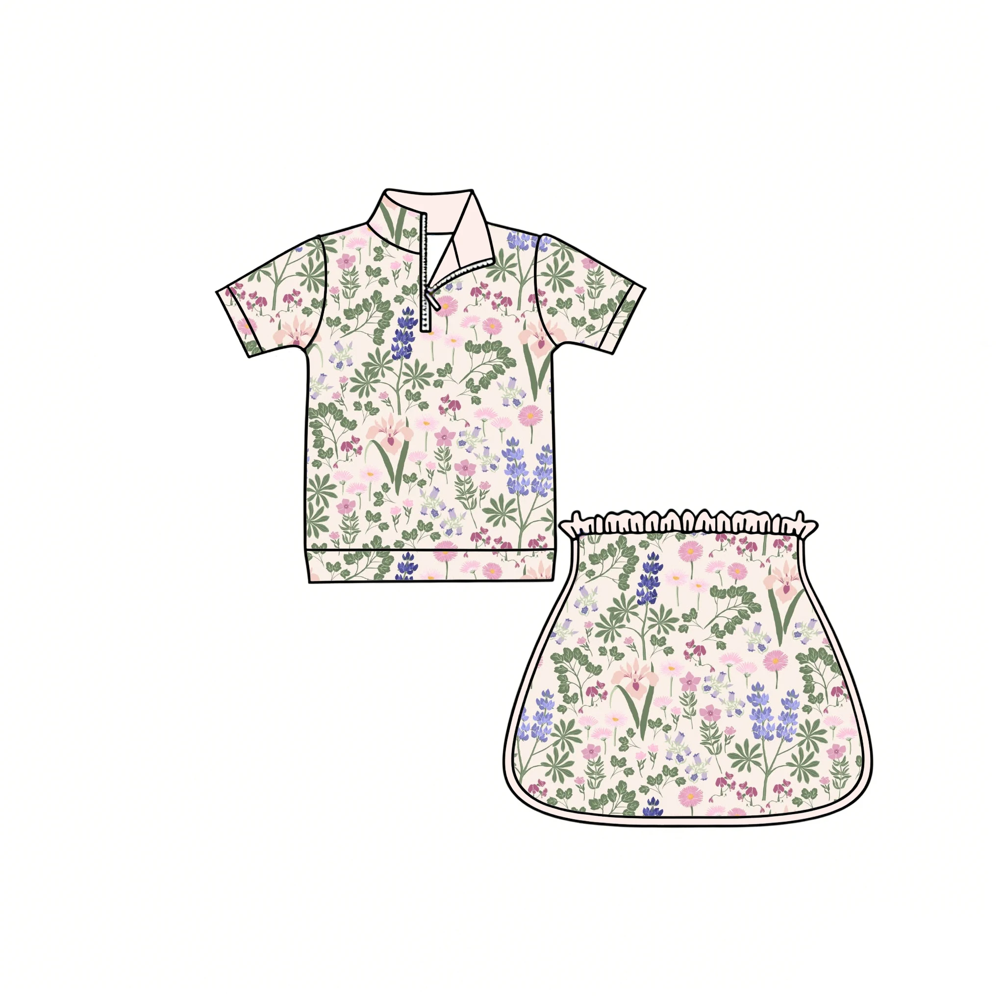 Boutique Children's Best-Seller Girls' Set Short-sleeved top paired short skirt Neckline Zipper Flowels print Custom Wholesale