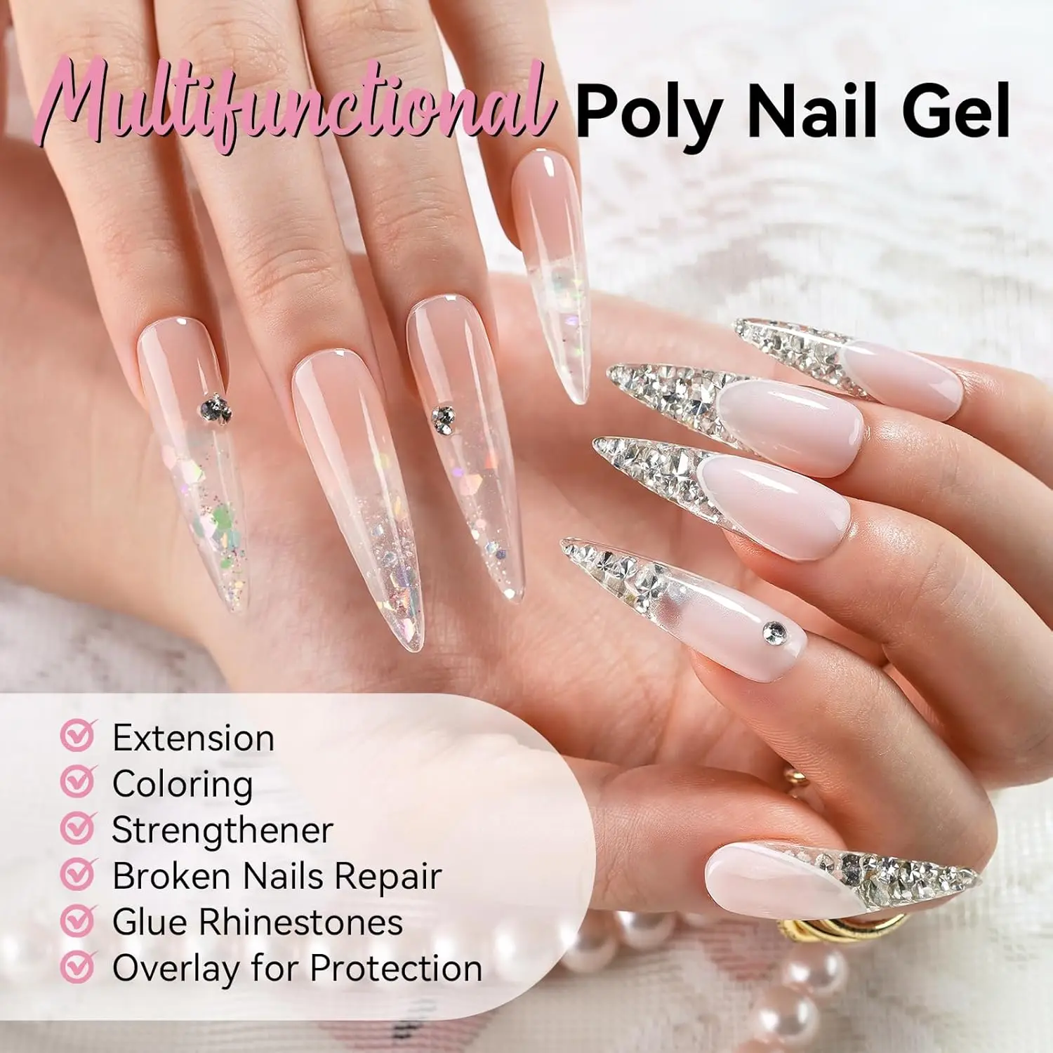 Makartt 2PCS Poly Nail Extension Gel 50ml Builder Hard Gel for Nail Strengthener DIY Manicure Home Salon Clear Nude Pink Long La
