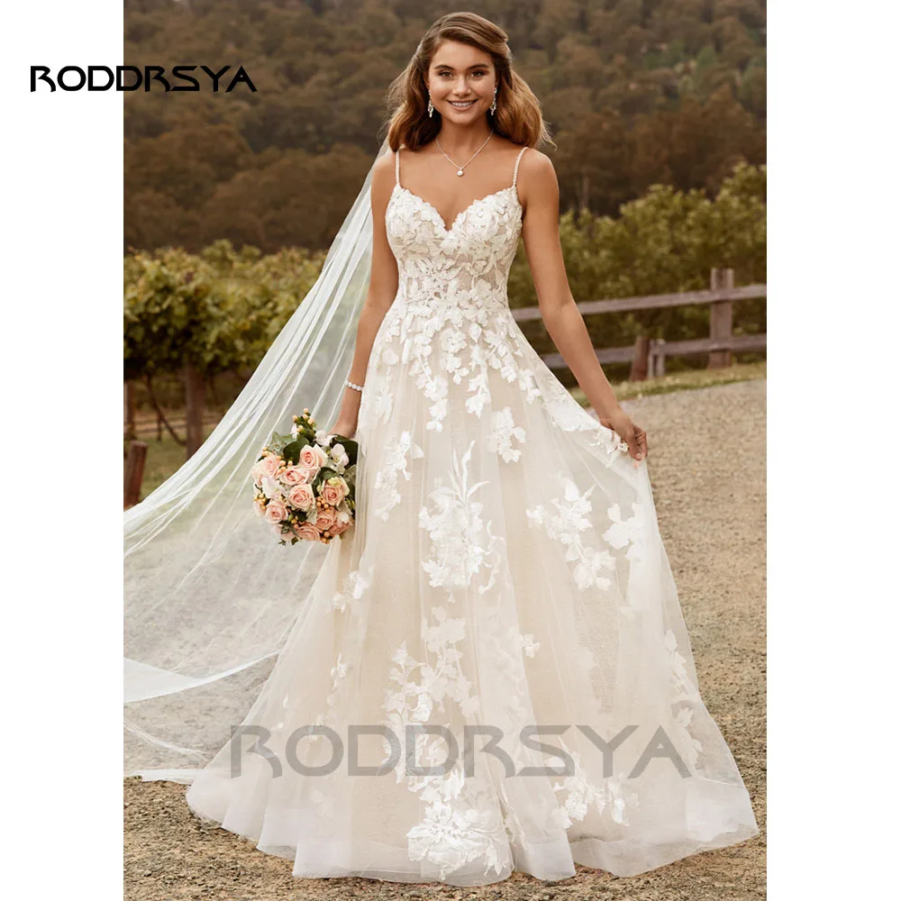 

RODDRSYA Boho Elegant Wedding Dresses For Women 2023 V-Neck Lace Appliques Backless Bridal Gowns With Button Vestidos De Novia