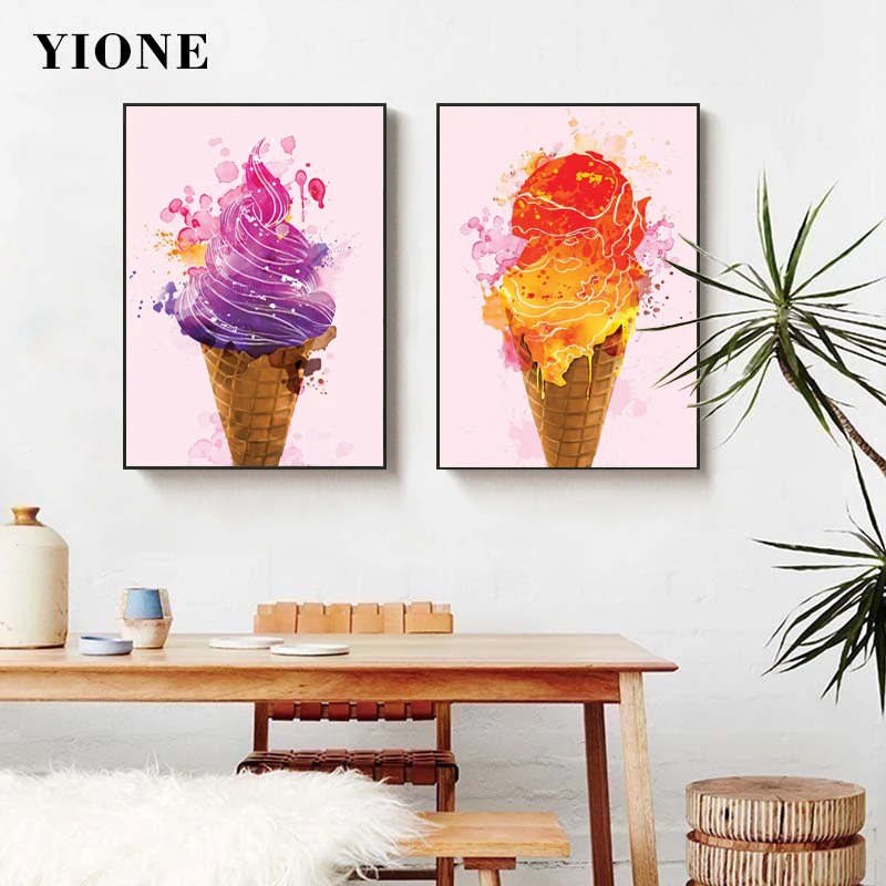 

Colorful Ice Cream Summer Posters and Prints Dessert Restaurant Wall Art Picture Abstract Canvas Painting with Frame Home Decor