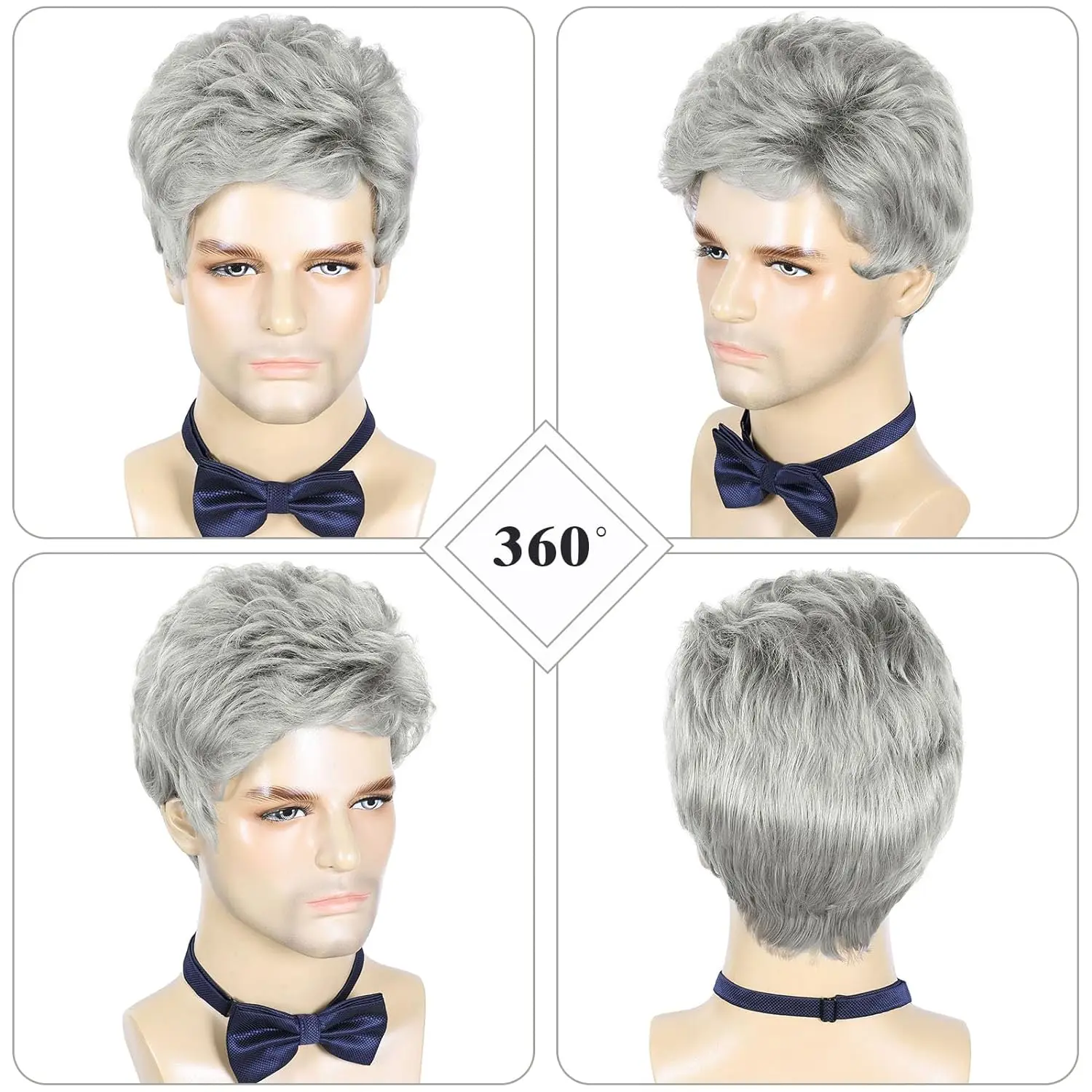 Perruque Synthétique Courte Gris Argenté pour Homme, Cheveux Naturels de Cosplay d'Halloween, Degré de Chaleur