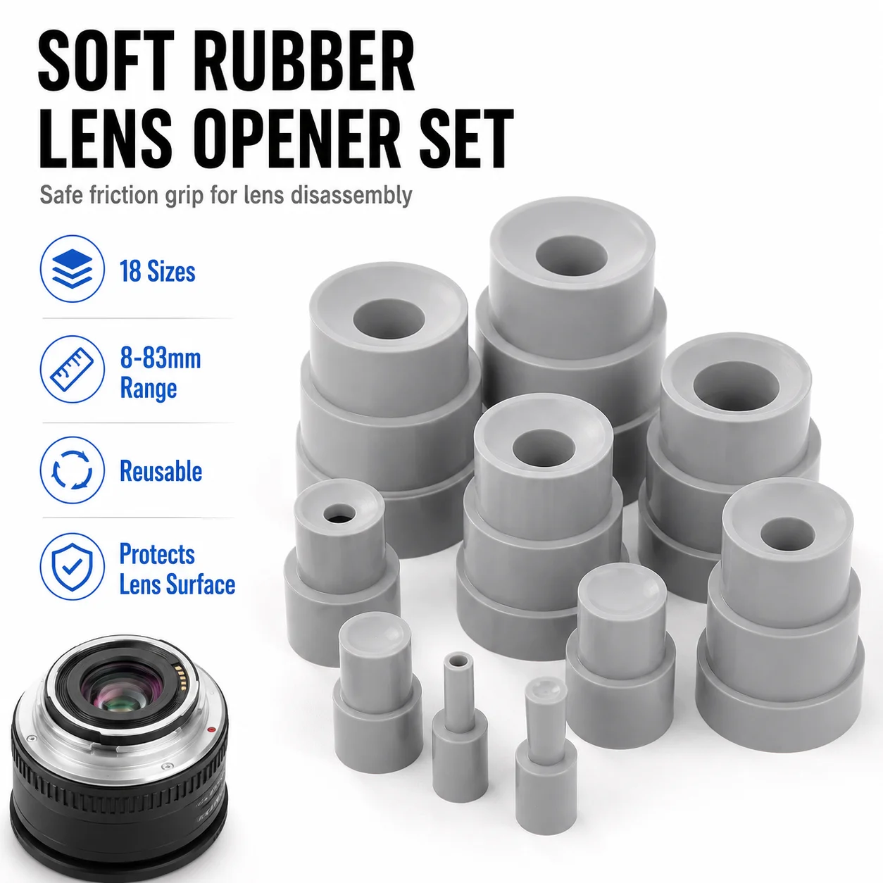 9PCS Rubber Lens Opening Tool Set 8-83mm Camera Lens Repair Opener Optical Retaining Ring Removal Tool for Telescope Eyepiece