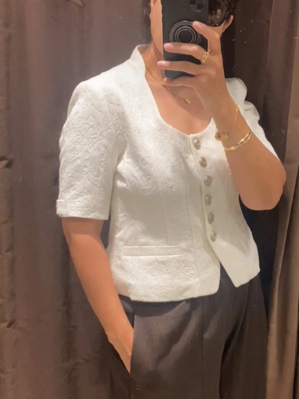 Women Vintage Textured Short Sleeve Jacket Round Neck Metal Button Cropped Blazer French Chic Summer Slim Top