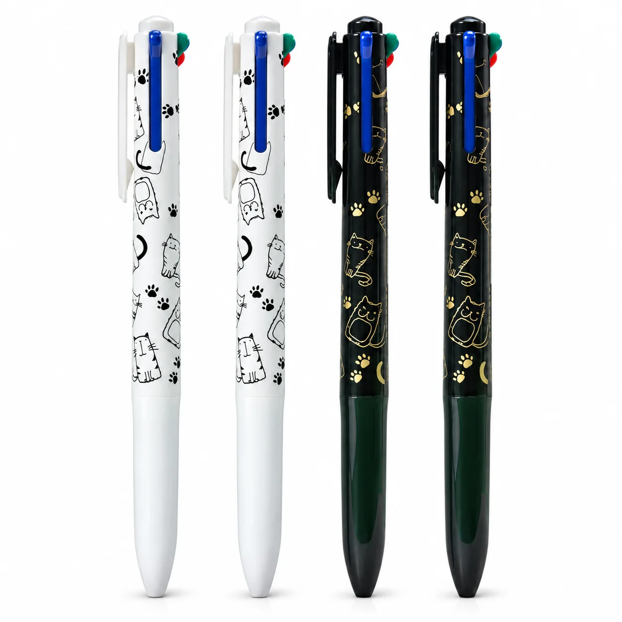 4 pcs Cute Black White Cats 4-color 0.5mm Retractable Ballpoint Pen Multicolor Pens for Journal Planner Diy Stationery Gift
