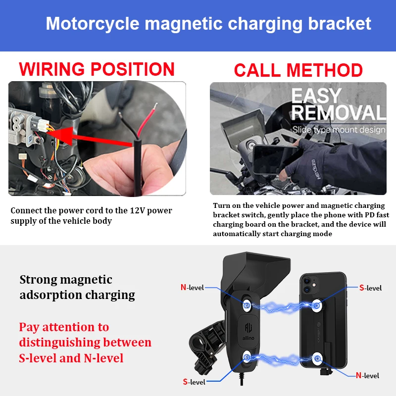 Allino Novo Suporte de Telefone para Motocicleta Suporte Magnético de Carregamento Rápido para iPhone Suporte de Espelho Tipo Guiador Acessórios para Motocicleta