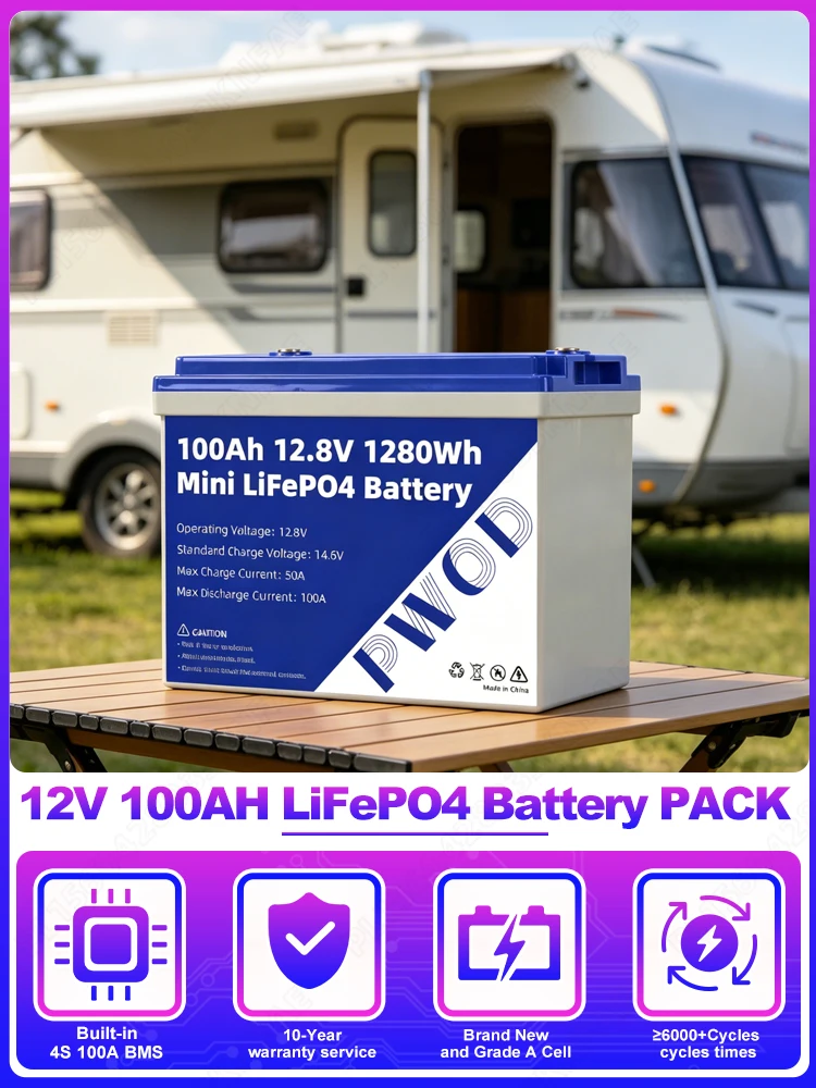 PWOD 12V 100Ah LiFePO4-Akkupack DIY 24V 100Ah 12V 200Ah mit integriertem Smart BMS, wiederaufladbar, 6000+ Zyklen für Yacht, Camping, Solaranlage