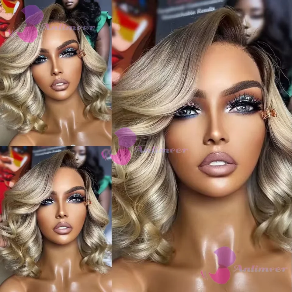 

Dark Brown Rooted Ombre Ash Blonde Human Hair Short Bob Wavy Full Lace Wigs 180% Density Glueless 13x4 Lace Front Human Hair Wig