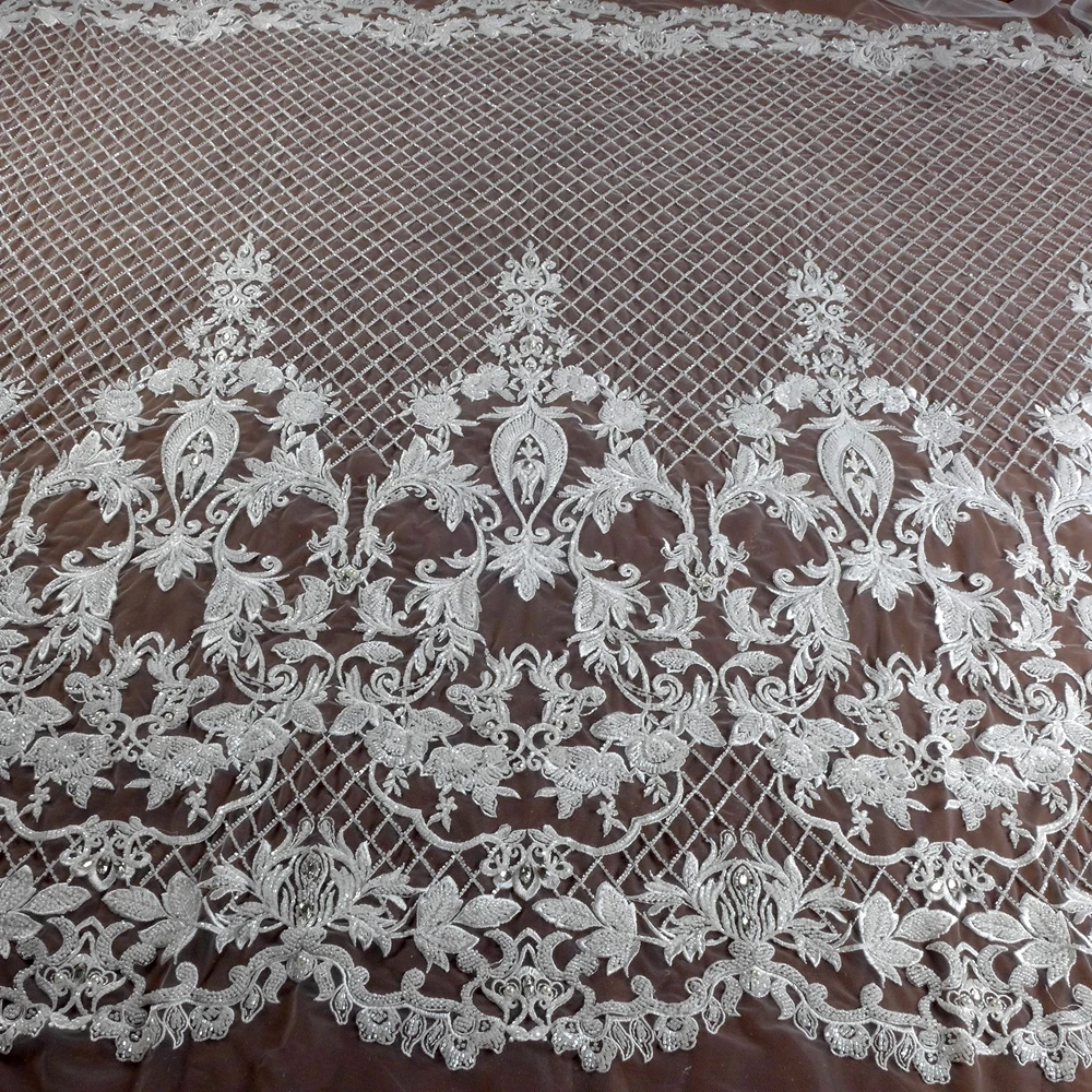HelluyerDC ivory, Black heavy beading lace fabric,super large patterns lace for fashion,wedding,evening,dance gown by the yard